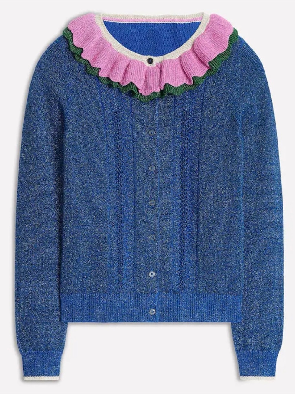 Boden / Ruffled Collar Blue Cardigan with Pink Accent - Picture 6 of 9